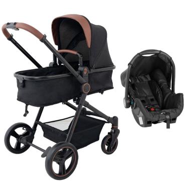 Imagem de Carrinho de Bebê Galzerano Ivy DUO Berço Passeio Moisés com Bebê Conforto Travel System Reclinável Leve Viagem 15 Kg Preto Caramelo Fecha com Uma Mão