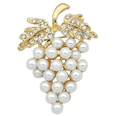 Imagem de Gyn&Joy Broche feminino dourado T one falso pérola branca uvas e strass cristal folha fruta broche BZ060, Metal, Pérola sintética