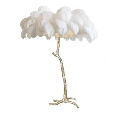 Imagem de Lâmpada de chão regulável, lâmpada de pé de penas naturais, lâmpadas de LED com 3 temperaturas de cor, lâmpadas LED E14, corpo da lâmpada de resina dourada, luminária de chão de leitura para quarto,