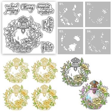 Imagem de Conjunto de frascos de perfume e rosas flores florais vintage transparentes, moldes de corte de metal, estênceis e placa de folha quente com caixa de envelope para fazer cartões, álbuns faça você