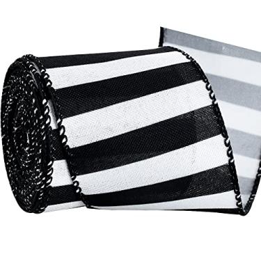 Imagem de TONIFUL Fita com fio preta e branca de 6,35 cm, fita de juta listrada, para embrulhar presentes, fazer arcos de guirlanda, artesanato decoração de árvore de Natal para festa em casa (listrada, 6 jardas)