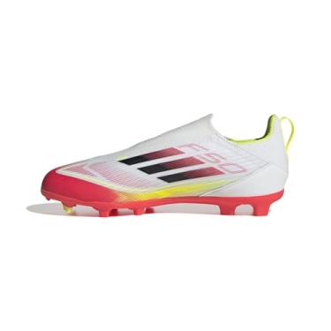 Imagem de adidas Tênis de futebol unissex infantil F50 League sem cadarço firme multi Ground, Branco/preto/amarelo solar, 12.5 Little Kid