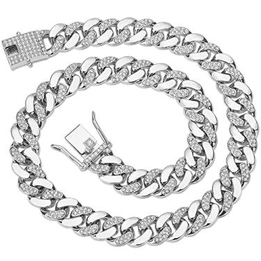 Imagem de JUNVirtuous Corrente de elos cubanos masculina Miami com corrente cubana de prata/ouro brilhante diamante hip hop joia feminina, 18 inches, Banhado a ouro, Zircônia cúbica