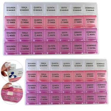 Imagem de Kit 2 Pçs Caixa Porta Remédio Comprimido Organizador Semanal e Diário Medicamentos (Rosa Escuro)