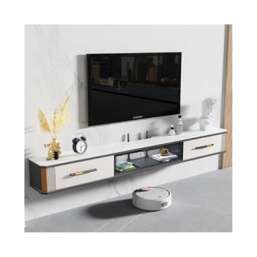 Imagem de Armário de TV Unidade de TV flutuante sob a TV com grande espaço de armazenamento, console de mídia flutuante de luxo moderno com porta de vidro dobrável e mesa de pedra, 4 cores Armário de mídia(Bran