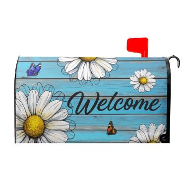 Imagem de Capas de caixa de correio primavera margarida tamanho padrão magnético 45,7 cm x 53,3 cm capa de caixa de correio floral vintage primavera verão rústico azul placa de madeira velha envoltórios caixa