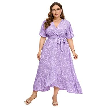 Imagem de Vestido feminino plus size casual com estampa floral, manga curta, gola V, evasê, babados, vestido plus size, Roxo floral, 5G
