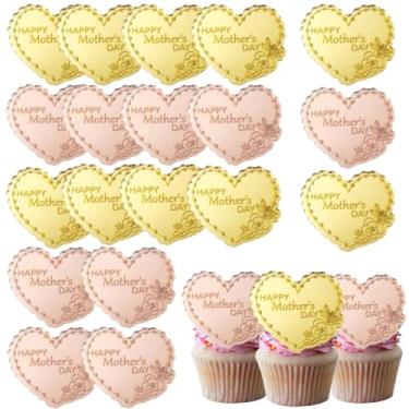 Imagem de mdgfge Happy Mother's Day Cupcake Topper Acrylic Heart Mirror Disc Cake Engraved Flowers Design Cake Toppers Multicolor Baking Decor for Mother's Day Mom's Birthday Party Supplies(20Pcs)