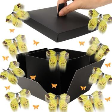 Imagem de tesaiue Caixa de presente surpresa de borboleta voadora, caixa de presente preta de explosão de aniversário DIY com 8 peças de borboleta voadora e confetes, decoração de fantasia explosiva para