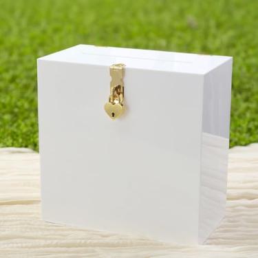 Imagem de UNIQOOO Caixa de cartão de acrílico branca com cadeado de coração dourado, caixa de casamento grossa em branco sem impressão com compartimento, faça você mesmo grande 25,4 x 25,4 x 14 cm, para