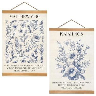 Imagem de ZTGDA Decoração de arte de parede cristã, gancho de pôster de arte de parede versículo bíblico, arte floral abstrata neutra, decoração de tela para pendurar na parede com padrão floral azul para