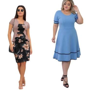 Imagem de Kit 2 Vestido Moda Social Plus Size Midi Tubinho Florido Casual Estamp