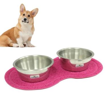 Imagem de kit 2 Comedouros Elevados Alumínio + Tapete Rosa Vinílico  Cães e Gato
