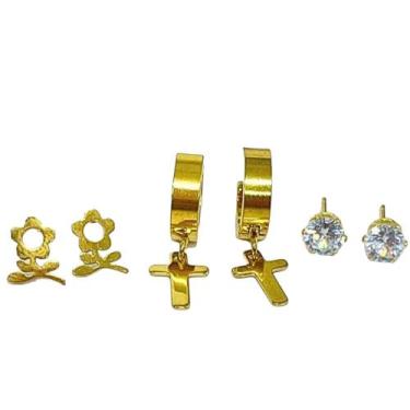 Imagem de Trio Brincos Aço Inox Dourado Cruz e Pedra Zircônia MP1169 Plb - Plb I