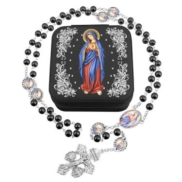 Imagem de SUTANALE Colar de Rosário Católico para Mulheres com Contas de Pérola de Vidro de 8 mm - Presente de Joias Nossa Senhora de Lourdes e Imaculado Coração de Maria, Estojo de Viagem, Primeira Comunhão