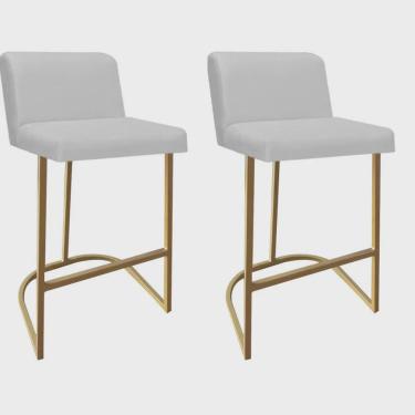 Imagem de Kit 02 Banquetas Com Encosto Noah Luxo Confort Bistrô Cozinha Ferro Dourado Corino Branco - Ahazzo Móveis