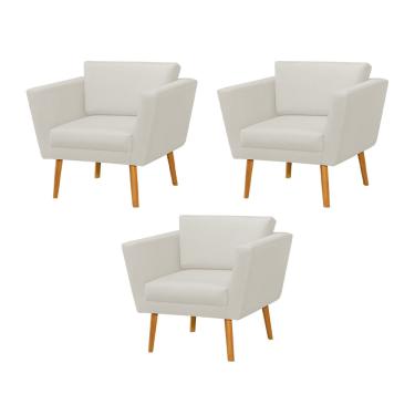 Imagem de Kit 3 Poltronas Retrô Pés Palito em Madeira Paraty Linho Crú