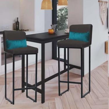 Imagem de Kit 02 Banqueta Alta com Encosto Lucca Industrial Cozinha Balcão Ferro Preto Suede Cinza e Almofada Azul Turquesa - Ahz Móveis