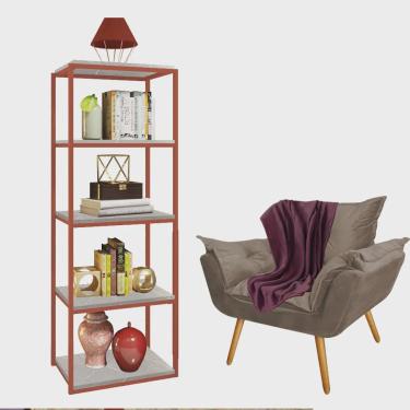 Imagem de Kit Poltrona Fatte com Manta Soft Bordô e Estante Livreiro Ferro Bronze mdf Marmorizado Cinza Suede Bege - Ahz Móveis