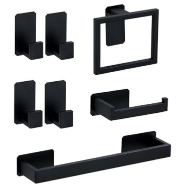 Imagem de Kit de ferragens para banheiro autoadesivo preto, suporte para papel higiênico de aço inoxidável, gancho para toalha, acessórios para banheiro, conjunto de 7 peças A