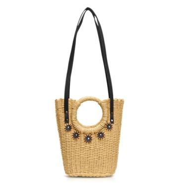 Imagem de QTKJ Sacola feminina, bolsa de praia, bolsa de ombro de palha, bolsas adequadas para viagens de férias diárias (estilo 12), Caqui, One Size