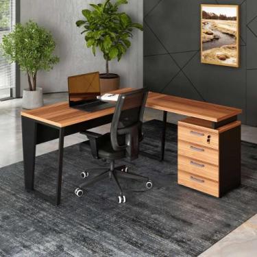 Imagem de Mesa L 150cm Pé Metal Gaveteiro 4 Gavetas e Chave F5 Office - F5 Offic