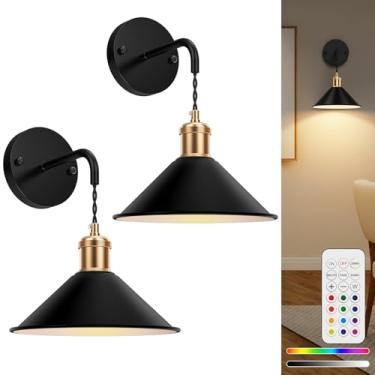 Imagem de Eclipterra Conjunto de 2 arandelas de parede operadas por bateria, decoração de arandela RGB sem fio regulável com controle remoto interno sem fio, lâmpada de parede para quarto, sala de estar