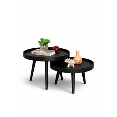 Imagem de Conjunto Mesa de Centro Redonda Barcelona com Pés Palito em Madeira Maciça Preta, Tampo com Bordas de 50mm (Preta Com Tampos Preto)