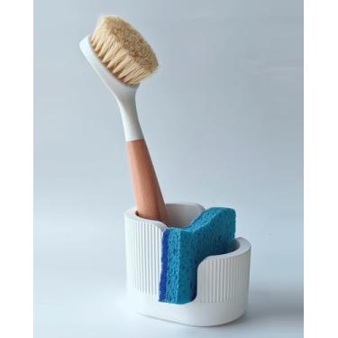 Imagem de BekPooQ Suporte de esponja para pia de cozinha com design de pedra, suporte de esfregão de louça, branco