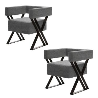 Imagem de Kit 2 Poltrona Decorativa Mirela Pés Metal Estilo Industrial Linho Cinza