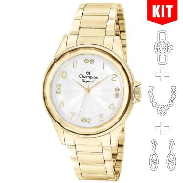 Imagem de Relógio Champion Kit Feminino Prata Dourado Strass Cn25609w