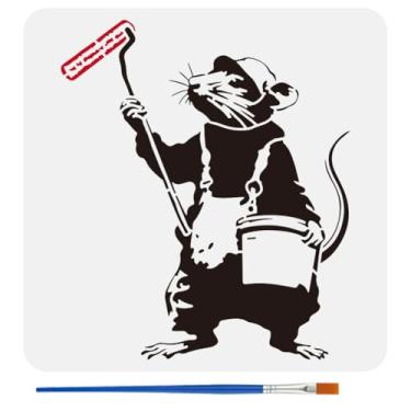 Imagem de FINGERINSPIRE Banksy Mouse estêncil para pintura com pincel 30 x 30 cm reutilizável mouse segurando rolo de tinta molde de rato vazado carregando balde de tinta estêncil plástico PET Banksy