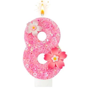 Imagem de Vela de aniversário de flor rosa, número 8 velas de aniversário para bolo, festa de aniversário ideal, decoração de bolo, aniversário de casamento e outras celebrações (flor 8)