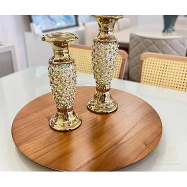 Imagem de Prato Giratório em MDF e vidro fixo laqueado 50 cm, cor Madeira laminado, para Mesa, Mesa Posta, Decorativo, Servir Mesa