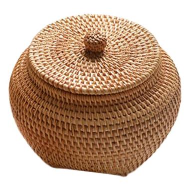 Imagem de Cesta de tecido redondo, caixa de vime com tampa, cesta de vime de 15 x 13 cm, redonda tecida à mão, caixa decorativa de mesa para cozinha de casa de fazenda, decorativa, estilo 1