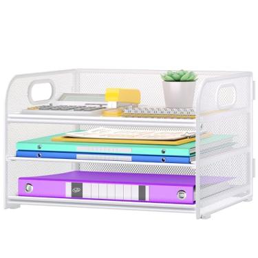 Imagem de Cawukege Organizador de papel de 3 camadas com alça, organizador de mesa de metal, bandeja de papel de malha, pasta de arquivos, classificador de documentos para sala de aula, escola, acessórios de