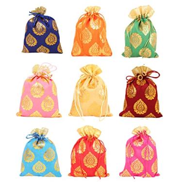 Imagem de Touchstone Sacos de cordão tradicional indiano feito à mão em tecido brocado com padrão de folha de ficus. Perfeito para presentes joias casamentos distribuição doce (conjunto de 9) bolsas multicoloridas bolsas potli.