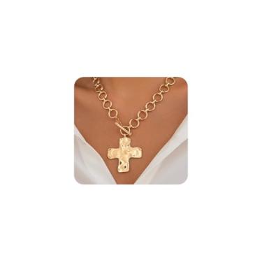 Imagem de GIGB PBDK Colar de cruz grossa de ouro para mulheres, colares vintage em camadas com pingente de crucifixo, acessórios de joias religiosas para o dia a dia, Large, Metal, Sem Pedra Preciosa