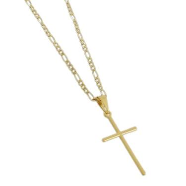 Imagem de Cordão Grumet 1x1 Masculino 60cm 3mm com Pingente Cruz Palito Brilhante Banhado a Ouro 18k Fino