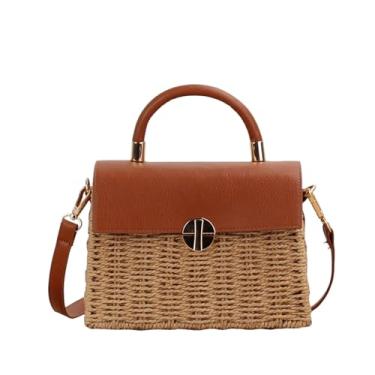 Imagem de Bolsa de vime tecida à mão, bolsa de praia flip de couro de verão, bolsa feminina de tecido de palha (camelo, tamanho único)