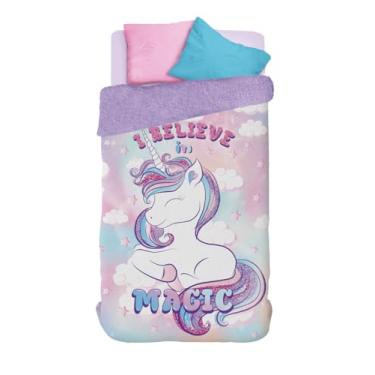 Imagem de Edredom com Sherpa Solteiro Estampado Unicórnio 1,50 m x 2,20 m Com 1 peça - Produto Importado