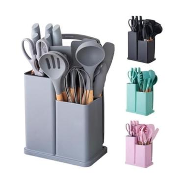 Imagem de kit 19 utensílios, kit completo para cozinha, concha, colheres, espatulas,fue, facas, tabua, tesoura - “Kit Completo Uten: Rotina Gourmet”Silicone BPA Free + Facas + Tábua + Suporte