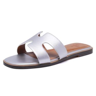 Imagem de Sexynite Chinelo feminino de couro de largura larga 2025, moderno, confortável, com espuma viscoelástica para calçados femininos, Prata, 37