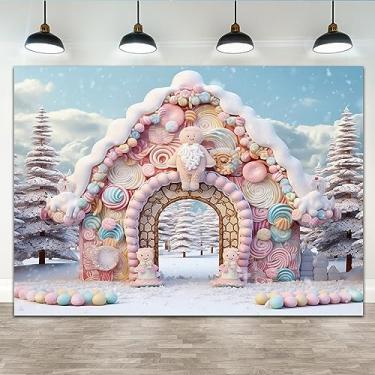 Imagem de Lofaris 2,1 x 1,5 m Pano de fundo de casa de gengibre rosa de Natal de inverno para fotografia Inverno Feliz Natal País das Maravilhas Candyland Floco de Neve Fundo de Chá de Bebê Decoração de Festa de Aniversário Banner Suprimentos