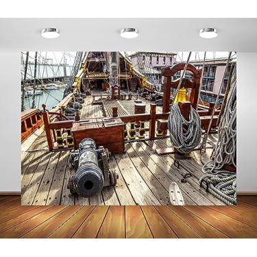 Imagem de BELECO Tecido retrô de 2,1 x 1,5 m pano de fundo de navio pirata de madeira antigo, navio para turistas, fundo de porto de turistas, decoração de festa temática de pirata náutico, adereços de estúdio