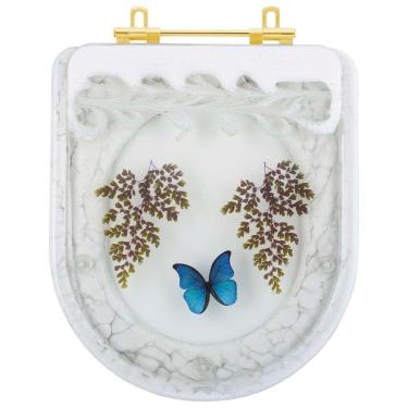 Imagem de Assento Sanitario Poliester Decorado Borboleta Azul Carrara Para Vaso Deca Com Ferragem Dourada