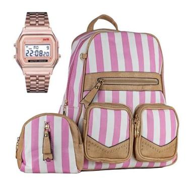 Imagem de Mochila Feminina Couro Listrada Reforçada Ajustável Rosa + Porta Níque