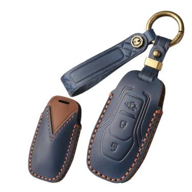 Imagem de HIBEYO Capa de chaveiro de couro adequada para Ford Edge Mondeo Everest Escort Mustang F-150 Galaxy Kuga S-Max Explorer Ranger Acessórios de carro Keyless Key Shell chaveiro protetor-3 botões (azul)
