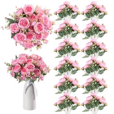 Imagem de GOSTADY 12 pacotes de flores artificiais peônias de toque real, flores falsas de seda, buquê de rosas, plantas falsas para mesa de centro de mesa, festa de casamento, decoração de casa, peônias rosa