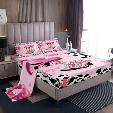 Imagem de Jogo de lençol casal com estampa de vaca leiteira rosa, botas modernas de caubói, leopardo, para adolescentes e adultos, cacto do deserto, moderno, 4 peças (elástico + plano + 2 fronhas)